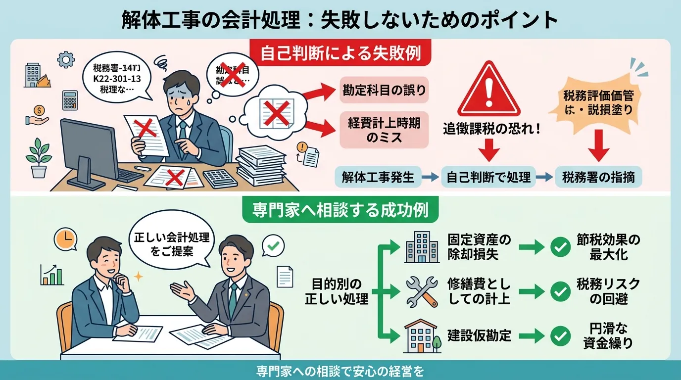 日本人と現代日本の風景, 「解体工事の会計処理」というインフォグラフィック。画面を上下に分割し、上は「自己判断」による失敗例（困り顔の経営者、追徴課税の警告、赤い&times;印）、下は「専門家へ相談」する成功例