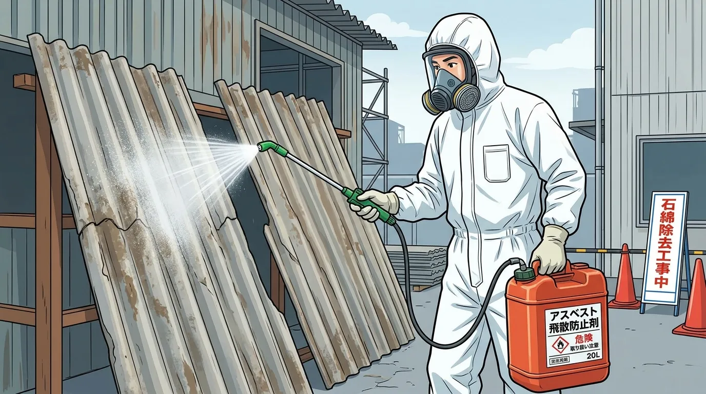 作業員がアスベスト含有建材に専用の噴霧器で飛散防止剤を散布している様子の写真。薬剤の容器も写っているとよりリアルになる。]