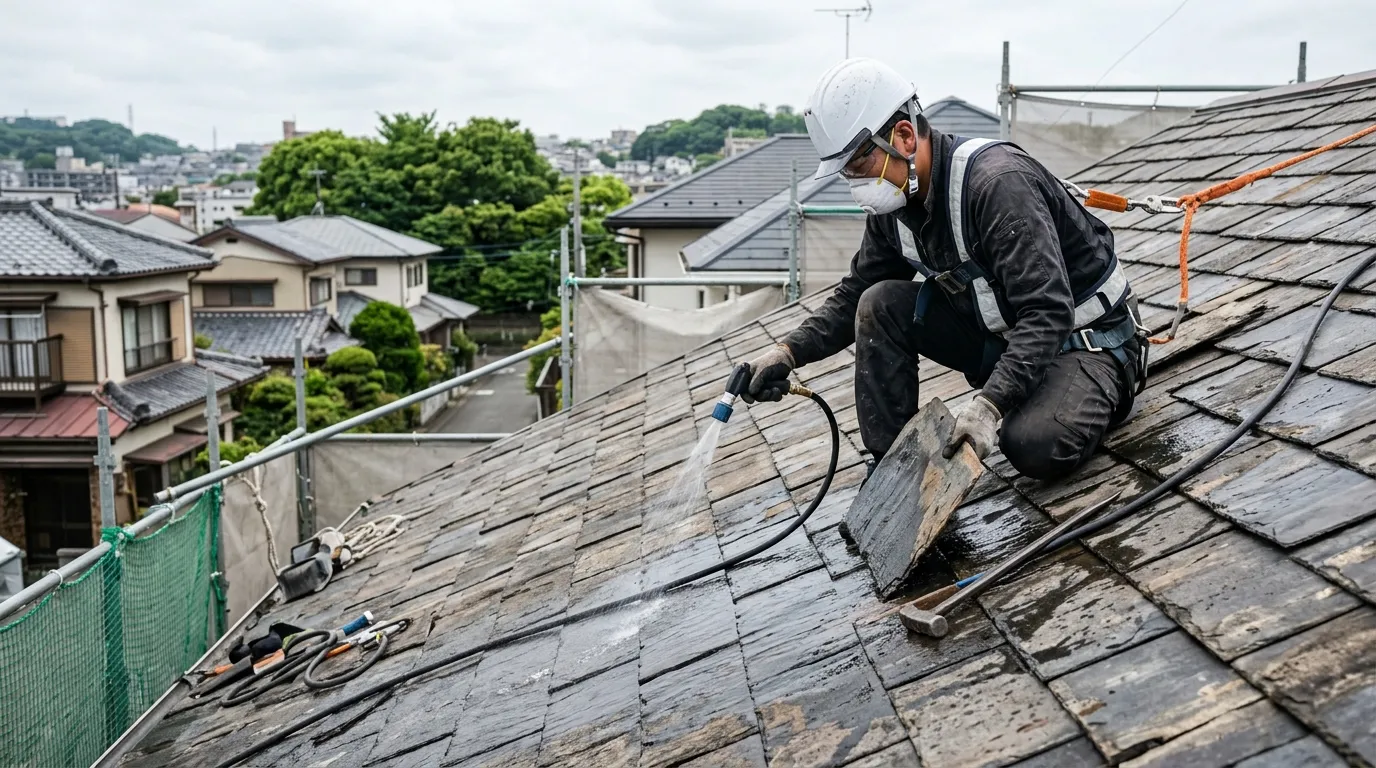 作業員がスレート屋根に水をかけながら（湿潤化）、手作業で丁寧に剥がしている作業風景の写真。]