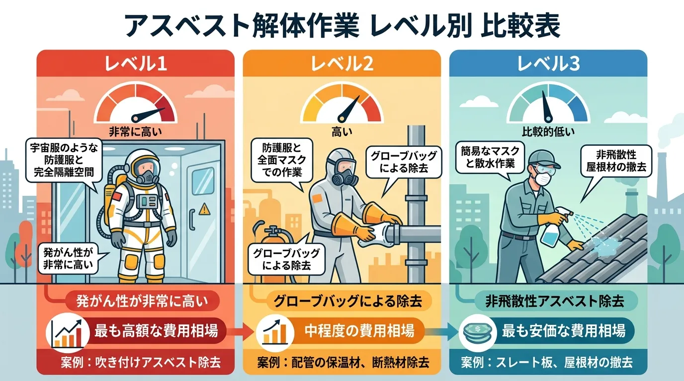 アスベスト解体作業のレベル別比較を示すインフォグラフィック。左から「レベル1」「レベル2」「レベル3」の3つのセクションを配置し、各々に危険度、作業内容のイラスト、費用相場を表示。レベル1は赤を基調に