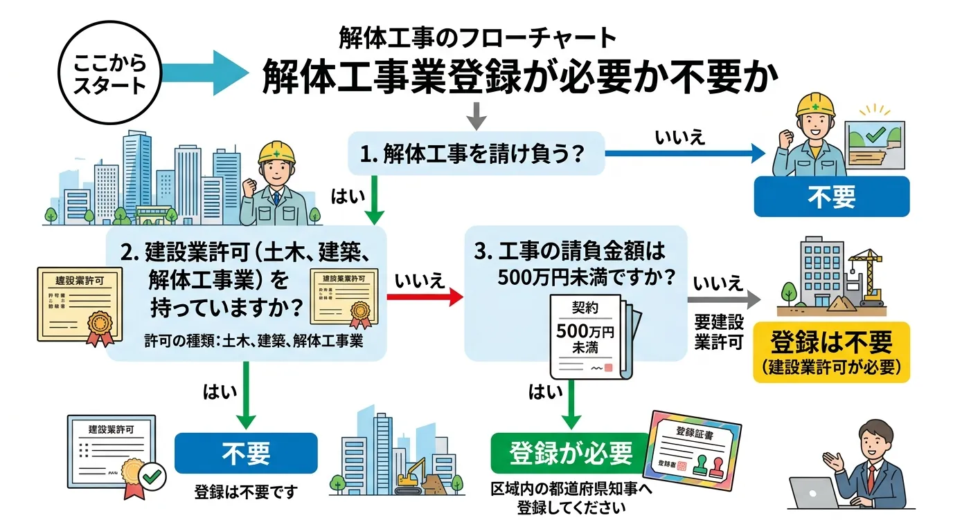 日本人と現代日本の風景, 解体工事業登録が必要か不要かを判断するインフォグラフィック。親しみやすいデジタルイラストのフローチャート形式で作成。「解体工事」から始まり、「請け負う？」「建設業許可ある？」