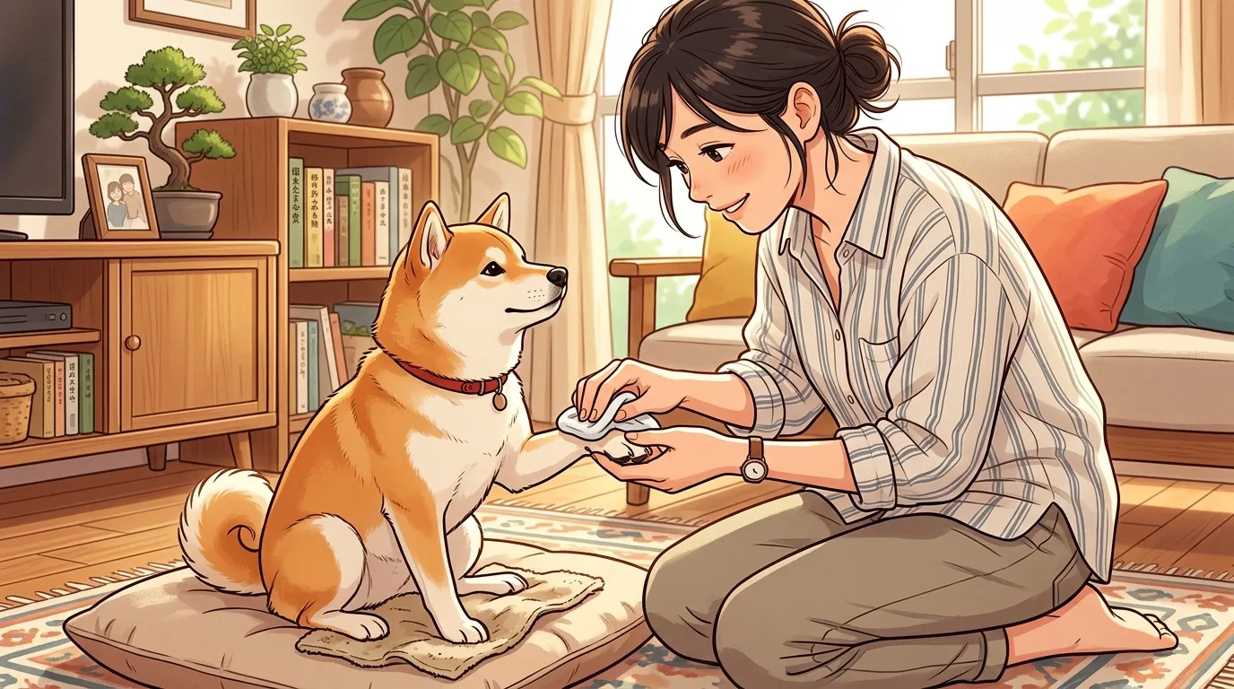 飼い主がペットの足の裏を優しく拭いている様子のクローズアップ写真。]