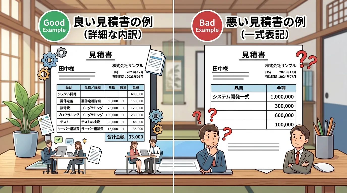 「良い見積書の例（内訳が詳細）」と「悪い見積書の例（一式表記）」を並べて比較している画像。]