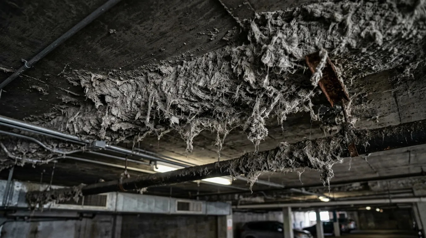 駐車場の天井に吹き付けられた綿状のアスベスト（レベル1）のクローズアップ写真]