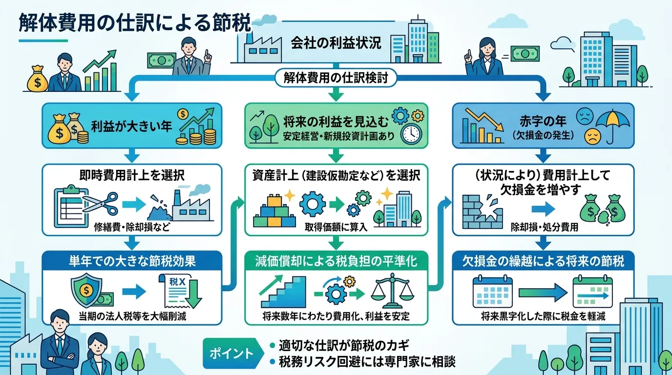 日本人と現代日本の風景, 「解体費用の仕訳による節税」をテーマにしたインフォグラフィック。「会社の利益状況」を起点とするフローチャートで、「利益が大きい年」「将来の利益を見込む」「赤字の年」の3つのル