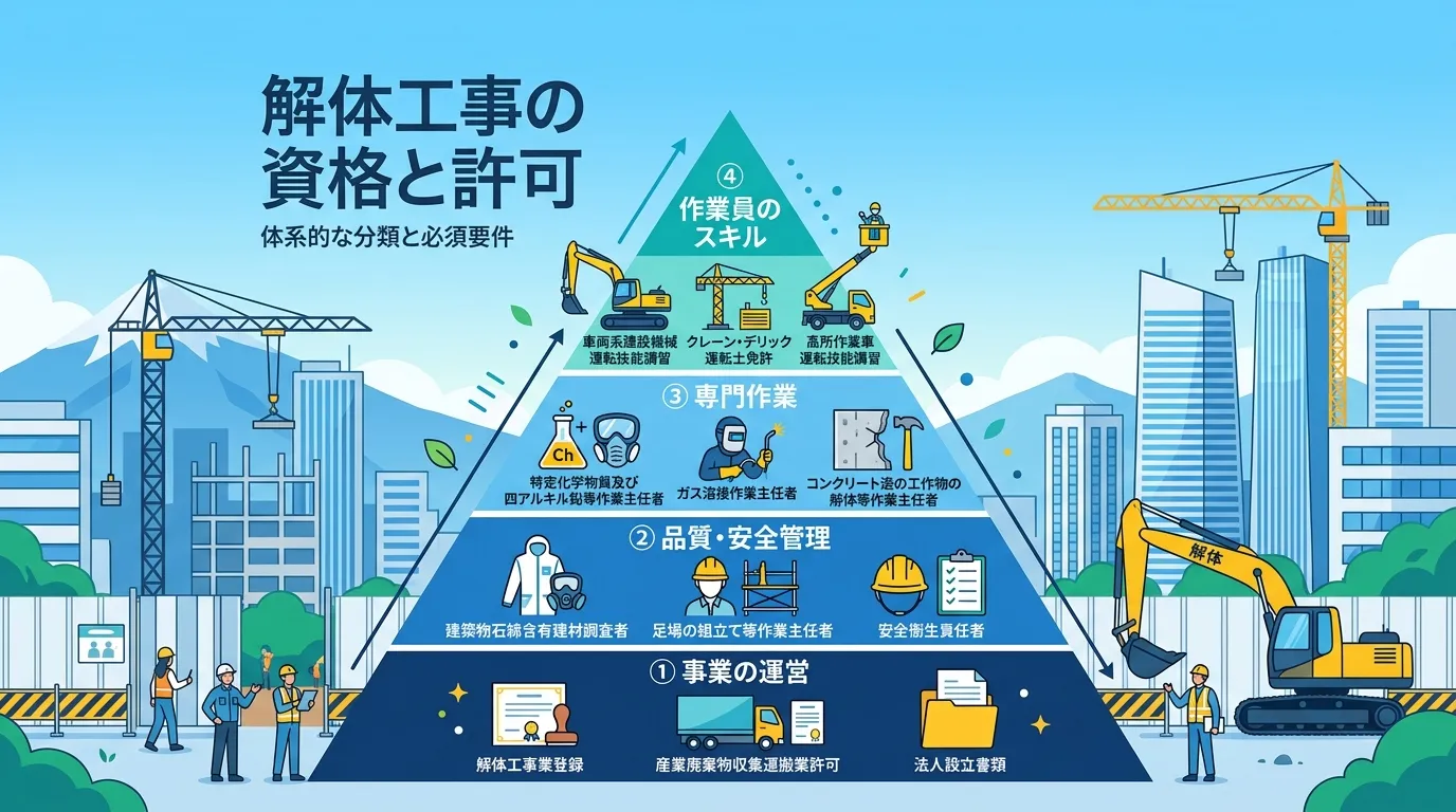 日本人と現代日本の風景, 「解体工事の資格と許可」をテーマにしたインフォグラフィック。4階層のピラミッド図で、土台から順に「事業の運営」「品質・安全管理」「専門作業」「作業員のスキル」を目的別に分類。