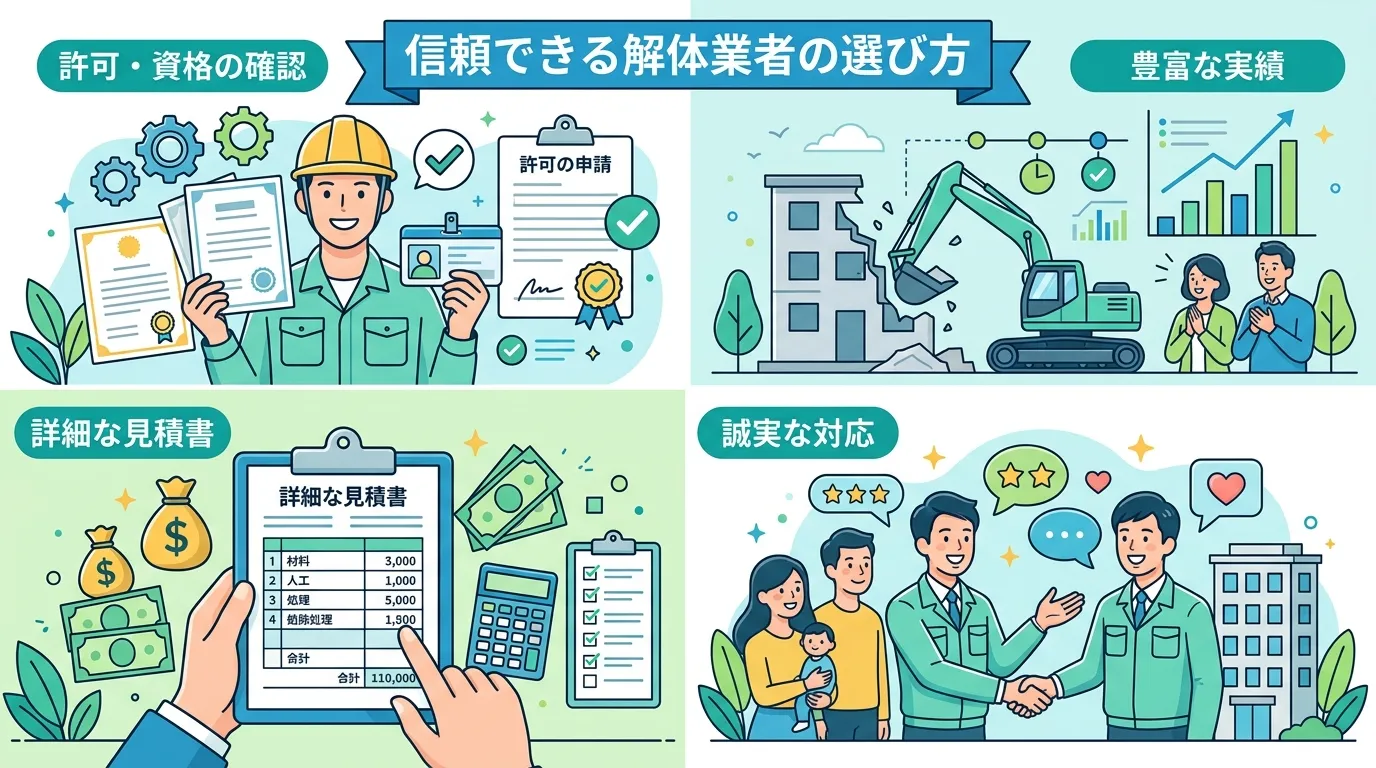 「信頼できる解体業者の選び方」というテーマのインフォグラフィック。中央にタイトルを配置し、4つのポイント「許可・資格の確認」「豊富な実績」「詳細な見積書」「誠実な対応」を、それぞれ証明書、建物、チェッ